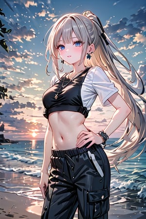 French girl,grey blonde hair(very long hair, curly_hair),long ponytail,hiphop dancer,wearing all black clothes (loose fit top and wide cargo pants),sneakers,accessories(necklace,ear_rings), standing in the sea,horizon,seaside,vivid sea color,red lighthouse,sunset,Best Quality, 32k, photorealistic, ultra-detailed, finely detailed, high resolution, perfect dynamic composition, beautiful detailed eyes, sharp-focus, cowboy_shot, 