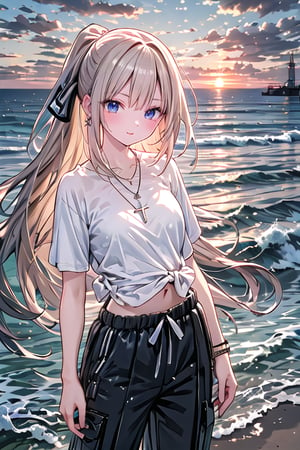 French girl,grey blonde hair(very long hair, curly_hair),long ponytail,hiphop dancer,wearing all black clothes (loose fit top and wide cargo pants),sneakers,accessories(necklace,ear_rings), standing in the sea,horizon,seaside,vivid sea color,red lighthouse,sunset,Best Quality, 32k, photorealistic, ultra-detailed, finely detailed, high resolution, perfect dynamic composition, beautiful detailed eyes, sharp-focus, cowboy_shot, 