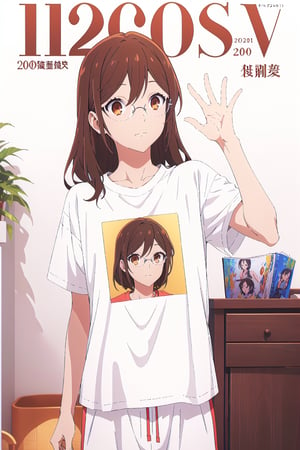 ,horimiya_hori,1girl,20 years old,brown eyes,magazine cover,modeling pose, standing,foreground,dominant,pov_eye_contact,white background, front view,sports t-shirt,pijama pants, glasses