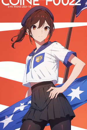 coquette aesthetic,horimiya_hori,1girl,20 years old,brown eyes,magazine cover,modeling pose, standing,foreground,pov_eye_contact,sports shorts,beret, high waist skirt,leggings, make-up, dominant,eye shading,wrapped in a flag