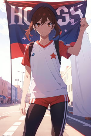 coquette aesthetic,horimiya_hori,1girl,20 years old,brown eyes,magazine cover,modeling pose, standing,foreground,pov_eye_contact,sports shorts,beret,sports shorts,leggings, make-up, dominant,eye shading,wrapped in a flag