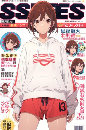 horimiya_hori, brown eyes,white sweatshirt, large soccer short, thighs,magazine cover