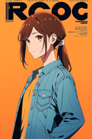 1girl,25 years old,ponytail,brown eyes,brown hair,portrait,,illustration,fcloseup,rgbcolor, photostudio,emotion,magazine cover,front view,polo shirt, shirt inside jeans,magazine,jean jacket,looking_at_viewer