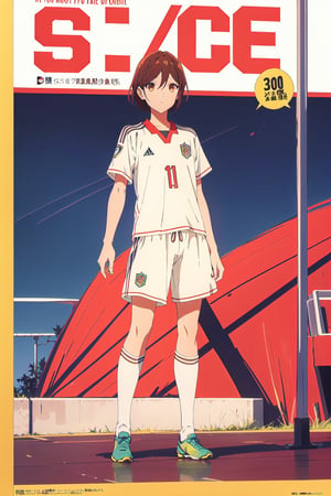 horimiya_hori,1girl ,brown eyes,30 years old,
vintage haircut,magazine cover,modeling pose, foreground,soccer uniform,full_body,photoshoot,flagpole