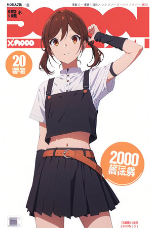 2000s fashion,horimiya_hori,1girl,20 years old,brown eyes,magazine cover,modeling pose, standing,foreground,dominant,pov_eye_contact,arm warmers, high waist skirt, big belt, crop top, twin_tails, white background