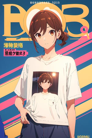 1girl,horimiya_hori, brown eyes,
vintage hairstyle,sport 
fitted t-shirt tucked into pant, vintage elegant pant,magazine cover, 