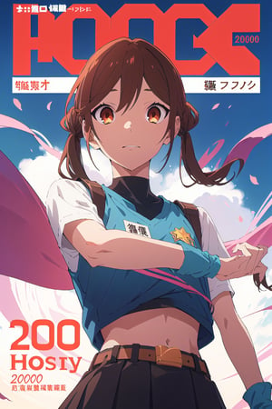 2000s fashion,horimiya_hori,1girl,20 years old,brown eyes,magazine cover,modeling pose, standing,foreground,dominant,pov_eye_contact,arm warmers, high waist skirt, big belt, crop top, twin_tails