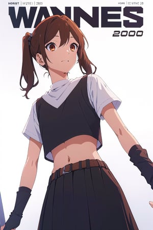 2000s fashion,horimiya_hori,1girl,20 years old,brown eyes,magazine cover,modeling pose, standing,foreground,dominant,pov_eye_contact,arm warmers, high waist skirt, big belt, fitted crop top, twin_tails, white background, front view