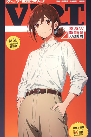 horimiya_hori, brown eyes,white shirt, vintage elegant pant,magazine cover,shirt tucked into pants, belt, thermal shirt underneath