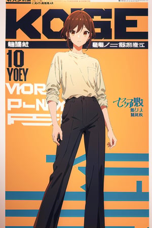 horimiya_hori, brown eyes,thermal shirt, vintage elegant pant,magazine cover,shirt tucked into pants, 