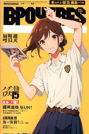 1girl,horimiya_hori, brown eyes,
vintage long hairstyle,magazine cover,sport 
oversized polo shirt tucked into skirt, vintage elegant mini skirt, big belt,short v neck, body leaning back,modeling pose
