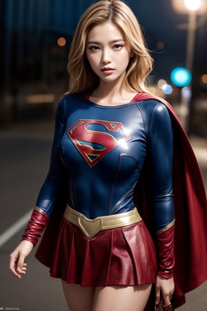 best quality, 1girl, portrait photography, Asian female, 20 yo, role-playing as Supergirl, blond hair, wearing supergirl tight  suit with short skirt, night,street, spotlight of hair, 
Sexy pose, realistic photo, wide-angle lens, high quality, high resolution, high precision, UHD: 1.3, 4K rendering, face focus, the background is stunning, with depth of field effect,frey4,gaby_rose,4yu,cathwilson,nit4,ti4r4,s4str0, ,wul4n,bul4n,c3ln,sasha calle,supergirl