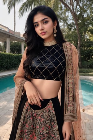 full body, pakistani girl , Instagram influencer , black long hair, glossy juicy lips, cute 18 years old girl, portrait, 1girl, retroartstyle, Character, full body, in lehenga,