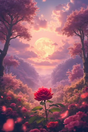 magine a vibrant anime-style HD scene set in a magical landscape that bursts with color and life. In the foreground stands a beautiful, blooming rose, its delicate petals shining with soft pink and red hues. The rose is surrounded by intricate thorny vines, symbolizing the challenges and pain that lead to growth. These thorns are glowing faintly, as if they too hold a transformative power within them.

Behind the rose, the scene opens up to a vast, ethereal sky filled with glowing, soft pink and gold hues, radiating peace and warmth. The light from the sky bathes everything in a heavenly glow, casting a feeling of transformation. Small petals float gently through the air, carried by a mystical breeze, adding a sense of fluidity and movement to the scenery.

In the background, a serene forest filled with tall, ancient trees stands bathed in the same magical light, hinting at the depth of personal growth that comes through the journey of emotions. The trees are covered with soft, luminous moss and delicate blossoms, symbolizing continuous growth despite hardships.

The sky above is alive with a mix of golden sunlight, shimmering stars, and a radiant moon, highlighting the cycle of life and emotions—joy, sadness, and pain—as teachers on the path to inner strength. The entire scene exudes a sense of peace, transformation, and spiritual awakening, drawing the viewer into its magical, calming beauty.

This scene is a visual metaphor for the idea that every emotion is a teacher, re,Cinematic_Enhancer_Style