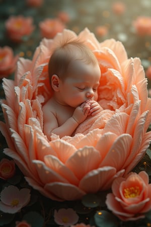 A highly detailed and realistic digital painting of a newborn baby gently resting in a cradle made of soft, glowing flower petals. The baby has delicate, fair skin with rosy cheeks, tiny hands curled into fists, and peaceful, closed eyes. The petals of the flower cradle gently wrap around the baby, creating a safe and nurturing environment. Soft, ethereal light emanates from the petals, casting a warm glow on the baby’s serene face. The background is a dreamy mix of soft, blurred colors, evoking a magical, otherworldly garden. The scene captures the purity and innocence of the newborn, with textures of the petals and the baby’s skin rendered in exquisite detail, making the entire scene feel both peaceful and enchanted.