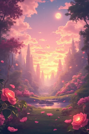 magine a vibrant anime-style HD scene set in a magical landscape that bursts with color and life. In the foreground stands a beautiful, blooming rose, its delicate petals shining with soft pink and red hues. The rose is surrounded by intricate thorny vines, symbolizing the challenges and pain that lead to growth. These thorns are glowing faintly, as if they too hold a transformative power within them.

Behind the rose, the scene opens up to a vast, ethereal sky filled with glowing, soft pink and gold hues, radiating peace and warmth. The light from the sky bathes everything in a heavenly glow, casting a feeling of transformation. Small petals float gently through the air, carried by a mystical breeze, adding a sense of fluidity and movement to the scenery.

In the background, a serene forest filled with tall, ancient trees stands bathed in the same magical light, hinting at the depth of personal growth that comes through the journey of emotions. The trees are covered with soft, luminous moss and delicate blossoms, symbolizing continuous growth despite hardships.

The sky above is alive with a mix of golden sunlight, shimmering stars, and a radiant moon, highlighting the cycle of life and emotions—joy, sadness, and pain—as teachers on the path to inner strength. The entire scene exudes a sense of peace, transformation, and spiritual awakening, drawing the viewer into its magical, calming beauty.

This scene is a visual metaphor for the idea that every emotion is a teacher, re,Cinematic_Enhancer_Style