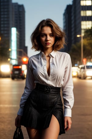 A stunning, model-like young woman with a perfect face, beautiful and ideally slim, possessing a large bust. She has a stylish haircut, with hair color to be decided by the artist. She is wearing an unbuttoned shirt and a short black skirt. The background should be dynamic and vibrant. The image should capture intricate details such as the texture of the fabric of her shirt, the glossiness of her hair, the curve of her waist, and the expression in her eyes. The lighting should highlight her features, with shadows playing across her form to give depth and realism. The scene should feel alive and energetic, perhaps with elements like city lights, bustling streets, or a lively park.