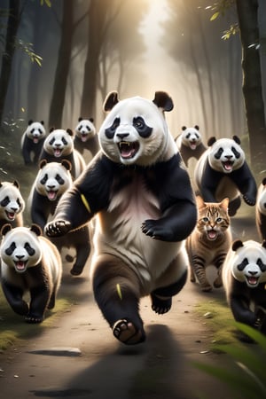 panda, running through forest chasing by lot of cats, (cat yawing), while laughing, flufy body, high contrast, (natural skin texture, hyperrealism, soft light, sharp),  shabby warepack , silo tech background, low key, top light, dark theme, highly detailed, wide-angle, cinematic still, masterpice
,Movie Still,Film Still,Cinematic,Cinematic Shot,Cinematic Lighting,Extremely Realistic,more detail XL