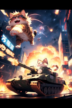 anime, masterpiece, best quality, absurdres, highres, ultra detailed, cat on a tank, tank in a motion, (motion blur, motion lines:1.4), (kawaii:1.3), (anime:1.4), cute, round eyes, cat wears sunglasses and a military cap, city, (explosion:1.2),cat