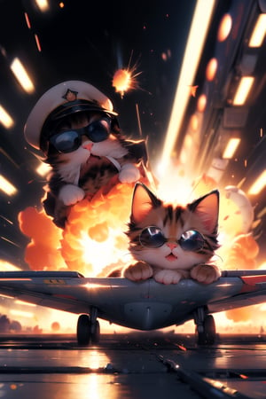 anime, masterpiece, best quality, absurdres, highres, ultra detailed, cat on a plane, plane in a motion, (motion blur, motion lines:1.4), (kawaii:1.3), (anime:1.4), cute, round eyes, cat wears sunglasses and a military cap, city, (explosion:1.2),cat