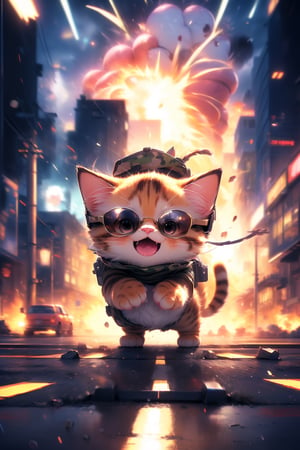 anime, masterpiece, best quality, absurdres, highres, ultra detailed, cat on a tank, tank in a motion, (motion blur, motion lines:1.4), (kawaii:1.3), (anime:1.4), cute, round eyes, cat wears sunglasses and a military cap, city, (explosion:1.2),cat