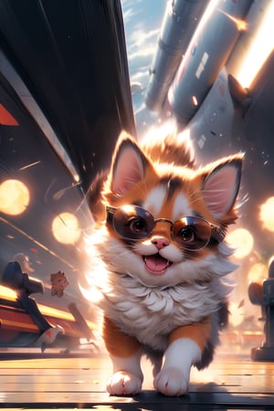 anime, masterpiece, best quality, absurdres, highres, ultra detailed, dog on a plane, plane in a motion, (motion blur, motion lines:1.4), (kawaii:1.3), (anime:1.4), cute, round eyes, dog wears sunglasses and a military cap, forest, (explosion:1.2),dog