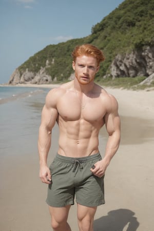 Realistic Photography, Handsome muscular man, beach, full_body, ginger hair