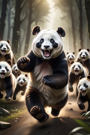 panda, running through forest chasing by lot of cats, (cat yawing), while laughing, flufy body, high contrast, (natural skin texture, hyperrealism, soft light, sharp),  shabby warepack , silo tech background, low key, top light, dark theme, highly detailed, wide-angle, cinematic still, masterpice
,Movie Still,Film Still,Cinematic,Cinematic Shot,Cinematic Lighting,Extremely Realistic,more detail XL