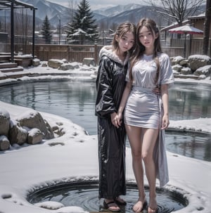 3 girl, high school girl, graduation trip, hot spring trip, hot spring inn, open-air hot spring, soaking in the open-air hot spring, fine snow, hot spring heat presents contrast, everyone has a comfortable expression, moaning face,(full body:1.5),PatiTonin