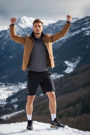 Imagine the following scene.

A handsome man standing on snow mountain.

The man has his legs open and his hands extended upwards.

His gaze lowers, looking at the floor.

The man is from Romania, muscular, 25yo. Very light brown hair, with golden highlights.

Wear sports shorts, sports shoes, and a sports jacket.

The shot is full body. best quality, 8K, high resolution, masterpiece, HD, perfect proportions, perfect hands.