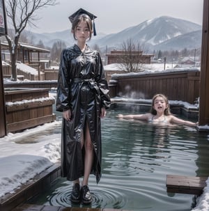 3 girl, high school girl, graduation trip, hot spring trip, hot spring inn, open-air hot spring, soaking in the open-air hot spring, fine snow, hot spring heat presents contrast, everyone has a comfortable expression, moaning face,(full body:1.5),PatiTonin