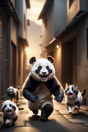 panda, running through alley chasing by lot of cats, (cat yawing), while laughing, flufy body, high contrast, (natural skin texture, hyperrealism, soft light, sharp),  shabby warepack , silo tech background, low key, top light, dark theme, highly detailed, wide-angle, cinematic still, masterpice
,Movie Still,Film Still,Cinematic,Cinematic Shot,Cinematic Lighting,Extremely Realistic,more detail XL