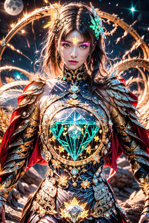 Amaterasu, ( glow Diamond armor:1.5),moon magic_circle,fantasy,Starry night sky 