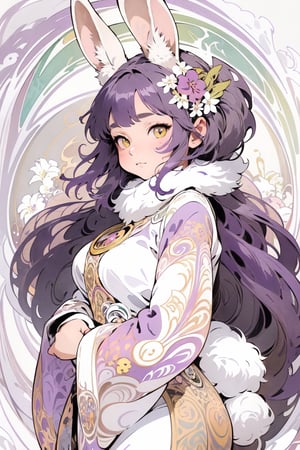 (Masterpiece, best quality, very detailed, ultra-detailed, complex), illustration, pastel colors, Art Nouveau, Art Nouveau by Alphonse Mucha, tarot cards, (human, hairy, kemono) , rabbit, rabbit tail, human face, (beautiful detailed eyes), 1other, plump breasts, ((purple hair)), (yellow eyes), harem outfit, scarf, (((purple gray and white fur, Dutch rabbit fur Pattern))), anime style, kawaii, watercolor, solid background, lantern, wire, bright colors,pastel colors,Last,dragonbaby