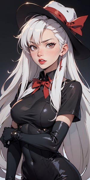 black hat, white hair, long hair, ((white eyes)), red lipstick, black shirt, red bow on chest, black gloves, white eyes,PHbtt90s_style