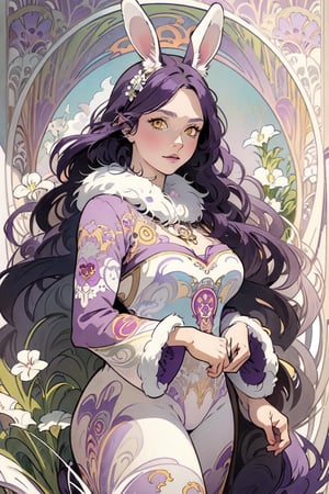 (Masterpiece, best quality, very detailed, ultra-detailed, complex), illustration, pastel colors, Art Nouveau, Art Nouveau by Alphonse Mucha, tarot cards, (human, hairy, kemono) , rabbit, rabbit tail, human face, (beautiful detailed eyes), 1other, plump breasts, ((purple hair)), (yellow eyes), harem outfit, scarf, (((purple gray and white fur, Dutch rabbit fur Pattern))), anime style, kawaii, watercolor, solid background, lantern, wire, bright colors,pastel colors,Last