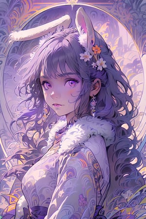 (Masterpiece, best quality, very detailed, ultra-detailed, complex), illustration, pastel colors, Art Nouveau, Art Nouveau by Alphonse Mucha, tarot cards, (human, hairy, kemono) , rabbit, rabbit tail, human face, (beautiful detailed eyes), 1other, plump breasts, ((purple hair)), (yellow eyes), harem outfit, scarf, (((purple gray and white fur, Dutch rabbit fur Pattern))), anime style, kawaii, watercolor, solid background, lantern, wire, bright colors,pastel colors