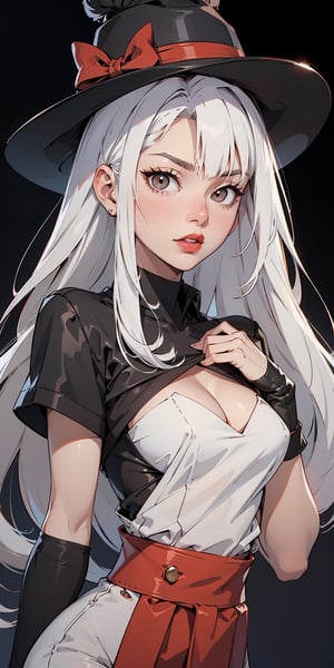 black hat, white hair, long hair, ((white eyes)), red lipstick, black shirt, red bow on chest, black gloves, white eyes,PHbtt90s_style