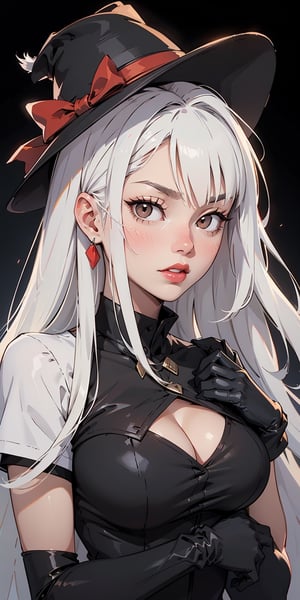 black hat, white hair, long hair, ((white eyes)), red lipstick, black shirt, red bow on chest, black gloves, white eyes,PHbtt90s_style