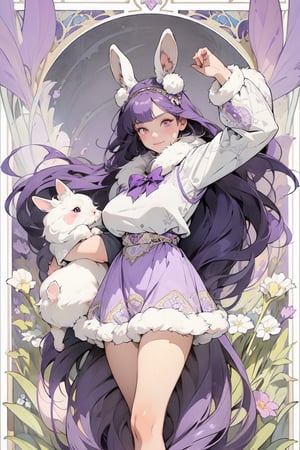 full body photo, (masterpiece, best quality, very detailed, ultra-detailed, intricate), illustration, pastel colors, art nouveau, art nouveau by Alphonse Mucha, tarot cards, (human, furry, beast), rabbit, rabbit tail, human face, (beautiful and detailed eyes), 1other, plump breasts, ((purple hair)), (yellow eyes), harem outfit, scarf, (((purple gray and white fur, Dutch rabbit fur pattern))), anime style kawaii, watercolor, solid color background, lantern, wire, brightly colored and cheerful cheerleading girl wearing cheerleading uniform, miniskirt, holding huge pom poms, cheering enthusiastically, encouraging morale and create a lively atmosphere.  Cheerful girl in cheerleading uniform, cheering and cheering up with huge pompoms, underboob, huge boobs, wearing pink bow hair accessory, Mizuki_Lin, perfect light,long hair