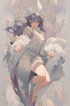 full body photo, (masterpiece, best quality, very detailed, ultra-detailed, intricate), illustration, pastel colors, art nouveau, art nouveau by Alphonse Mucha, tarot cards, (human, furry, beast), rabbit, rabbit tail, human face, (beautiful and detailed eyes), 1other, plump breasts, ((purple hair)), (yellow eyes), harem outfit, scarf, (((purple gray and white fur, Dutch rabbit fur pattern))), anime style kawaii, watercolor, solid color background, lantern, wire, brightly colored and cheerful cheerleading girl wearing cheerleading uniform, miniskirt, holding huge pom poms, cheering enthusiastically, encouraging morale and create a lively atmosphere.  Cheerful girl in cheerleading uniform, cheering and cheering up with huge pompoms, underboob, huge boobs, wearing pink bow hair accessory, Mizuki_Lin, perfect light,long hair