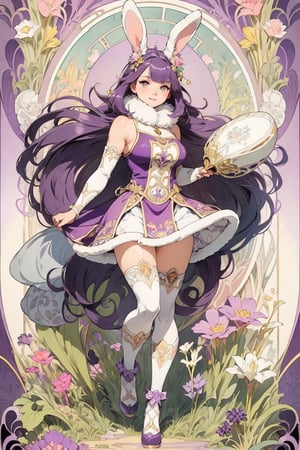 full body photo, (masterpiece, best quality, very detailed, ultra-detailed, intricate), illustration, pastel colors, art nouveau, art nouveau by Alphonse Mucha, tarot cards, (human, furry, beast), rabbit, rabbit tail, human face, (beautiful and detailed eyes), 1other, plump breasts, ((purple hair)), (yellow eyes), harem outfit, scarf, (((purple gray and white fur, Dutch rabbit fur pattern))), anime style kawaii, watercolor, solid color background, lantern, wire, brightly colored and cheerful cheerleading girl wearing cheerleading uniform, miniskirt, holding huge pom poms, cheering enthusiastically, encouraging morale and create a lively atmosphere.  Cheerful girl in cheerleading uniform, cheering and cheering up with huge pompoms, underboob, huge boobs, wearing pink bow hair accessory, Mizuki_Lin, perfect light
