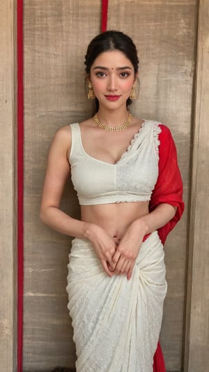 masterpiece,1girl,   showing her half  boob (mature female:0.5),tall body,golden proportions,(Indian women),(glowing skin:1.2),(oil skin:1.1),makeup,(close up),(  aesthetic white room  background),depth of field,( closed mouth:0.5),((long wavy brown hair)),(puffy eyes),(eyelashes:1.1),(parted lips:1.1),  light lipstick,fantasy art style,dreamy light, ( wareing red saree:1.59),( saree :1.39),(lace:1.3)perfect body,(  ,:1.3),(dusk:1.2), shoes,(white round necklace),(crystal hairpin),tyndall effect,highres,(  looking at front    ,:1.35),(    breasts:1.81),