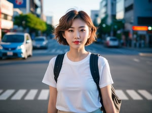 Sunset, backlighting, street photography, crossing the intersection, a handsome girl, short ear-length hair, slightly curly hair, Japanese bluish style, 35mm lens,Don't look at the camera, lift your hair with one hand, hair is blown by the phoenix, full body photo,(RAW photo, best quality),(realistic),photo, masterpiece, Shoulder backpack, Asian women