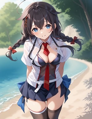 score_9,score_8_up,score_7_up,source_anime,1girl, shigure kancolle, (shigurekaisanKC), A detailed depiction of shigurekaisan from Kantai Collection in a playful, {{{masterpiece}}}, {{best quality}}, {{super fine illustration}}, {{beautiful and delicate water}}, {{beautiful and detailed eyes}, {very detailed light}, {perfect and delicate limbs}, {nature}, {painting}, {delicate glow}, {{very fine 8KCG wallpaper}}, soft color contrast, (high quality:1.1), Depict a young anime girl with long black hair styled with a single braid and ahoge, wearing a black bikini inspired by her naval uniform. The bikini top is designed with a two-tone color scheme, featuring a red necktie in the center and white accents resembling her original uniform. She wears matching black bikini bottoms with a semi-transparent black sarong (pareo) tied loosely around her waist, flowing in the wind. Black thigh-high stockings with subtle detailing and black fingerless gloves complete her look, along with her signature white belt. Her hair falls over her shoulder with hair flaps and a small hair ornament, leaning forward with both hands clasped behind her back, sand beach background