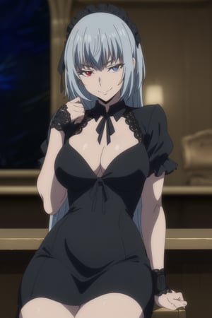 score_9, score_8_up, score_7_up, source_anime, 2.5D, 1girl, Luminous Valentine, upper body, looking at viewer, (masterpiece), (best quality), ((wearing an elegant and form-fitting dark dress with intricate golden patterns)), Luxury dress, flowing lace skirt gently draping over her legs, seated shyly on a bar stool, red right eye, blue left eye, giving a Embarrassed smile, silver hair flowing smoothly, one hands delicately lifting the lace skirt slightly, revealing a glimpse of her leg underneath, luxurious jewelry adorning her neck and wrists, glowing aura around her, high end bar background, highlighting her graceful but timid presence, soft and embarrassed gaze