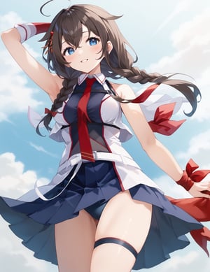 score_9,score_8_up,score_7_up,source_anime,1girl, shigure 
𝑘
𝑎
𝑛
𝑐
𝑜
𝑙
𝑙
𝑒
kancolle, (shigurekaisanKC), A detailed depiction of shigurekaisan from Kantai Collection in a playful, {{{masterpiece}}}, {{best quality}}, {{super fine illustration}}, {{beautiful and delicate water}}, {{beautiful and detailed eyes}, {very detailed light}, {perfect and delicate limbs}, {nature}, {painting}, {delicate glow}, {{very fine 8KCG wallpaper}}, soft color contrast, (high quality:1.1), Depict a young anime girl with long black hair, styled with a single braid and ahoge, wearing a bikini that retains the original design elements of her naval uniform. The bikini top is a two-tone design with a red necktie, resembling a sleeveless shirt, and fingerless black gloves. She wears a matching pleated black bikini bottom with a semi-transparent black sarong (pareo) tied around her waist, flowing slightly in the wind. She also has black thigh-high stockings and a white belt. Her hair flows over her shoulder with hair flaps, and she has a delicate hair ornament