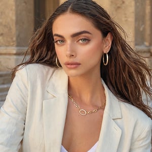 Full realistic photo from far of a stylish young woman with large, captivating eyes, thick eyebrows, a strong jawline, high cheekbones, and a natural complexion. slim boned, long limbed, lithe and with very little body fat and little muscle .Highlighting her as a modern, approachable virtual influencer