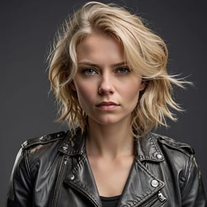 A dark dramatic photograph, featuring a confident woman posing against a plain background. She has messy light blonde hair that falls naturally around her face. She is wearing a leather jacket. Her expression is confident and composed, exuding a sense of poise and elegance. The simplicity of the gray background and the monochromatic color scheme emphasize her striking features and the textures of her attire