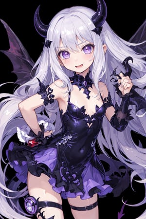 young, little girl, cute and small girl, petite, oppai loli, loli,

super long hair, white hair, violet eyes, devil girl, devil tail, devil horns, devil wings, hyper and energetic, purple demonic dress, chaos magic, devil's grimoire,